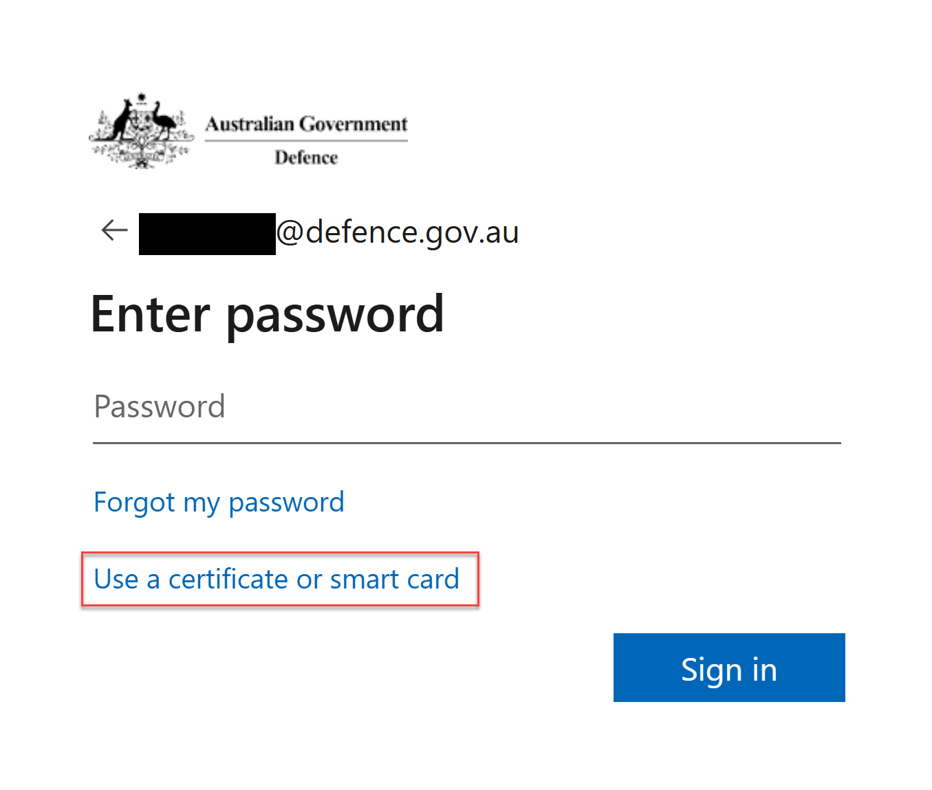 Image showing Entra ID login with the Use a certificate or smart card option highlighted.