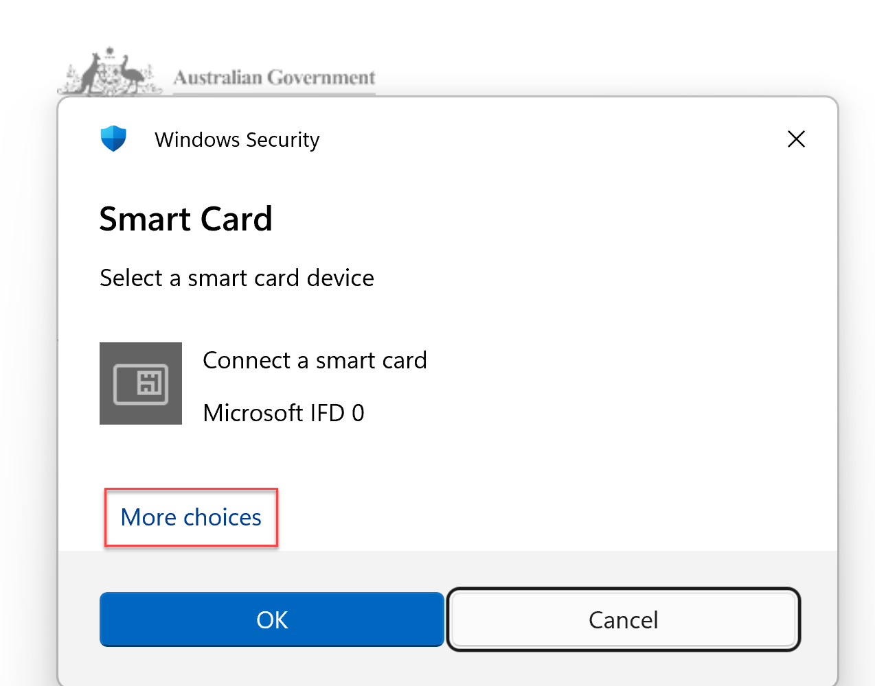 Image showing the ability to select certificate present on smartcard for authentication.