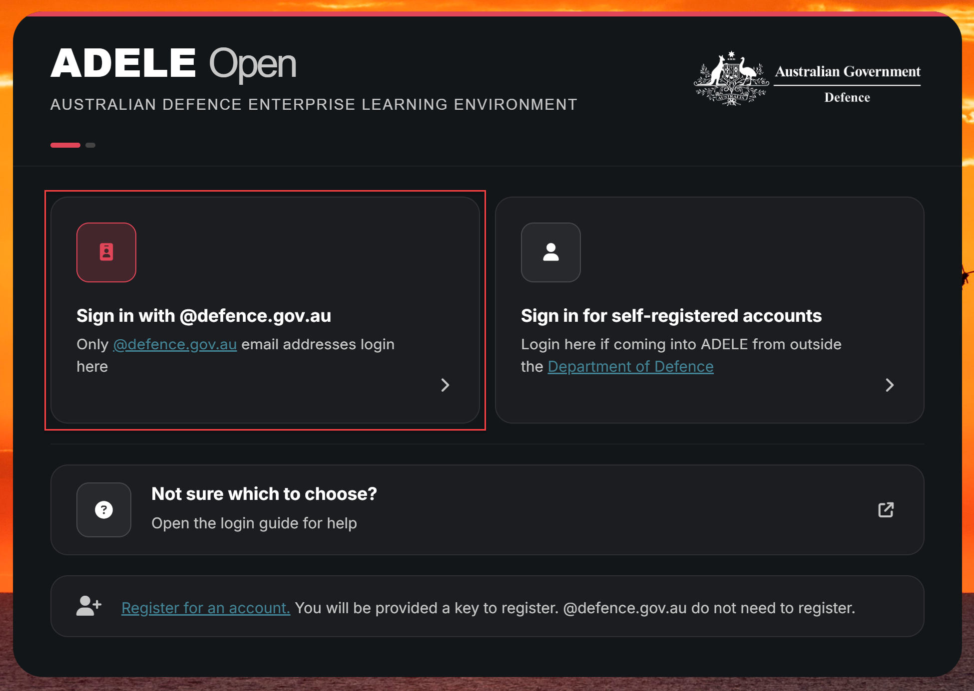 Example image showing the login screen to ADELE with the Defence Identity login pathway highlighted.