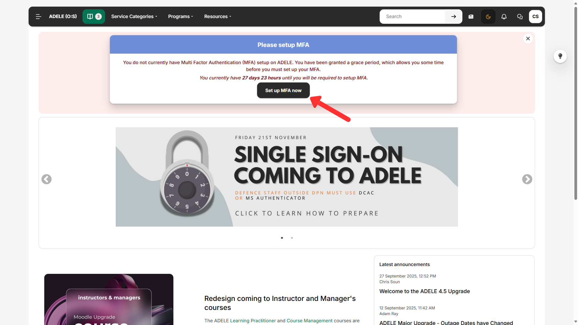 Screenshot showing ADELE MFA setup banner