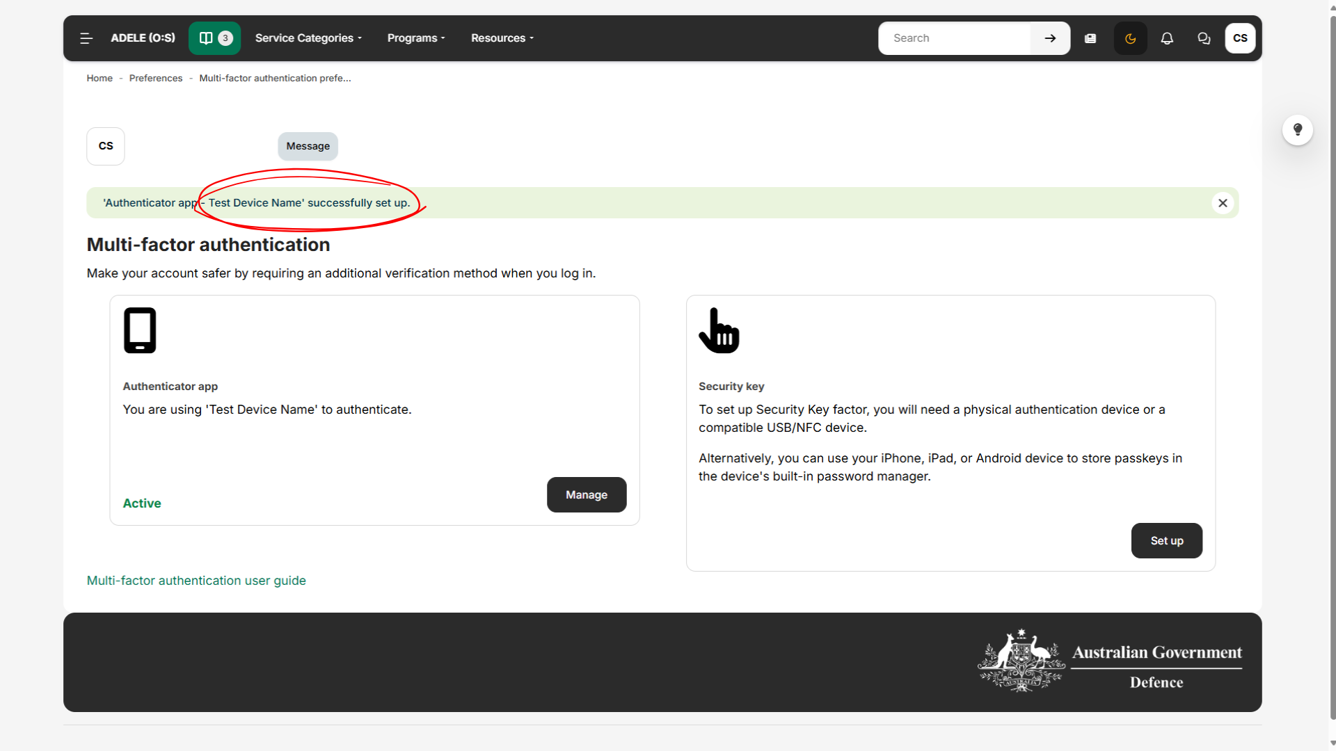 Screenshot showing completion of ADELE MFA setup