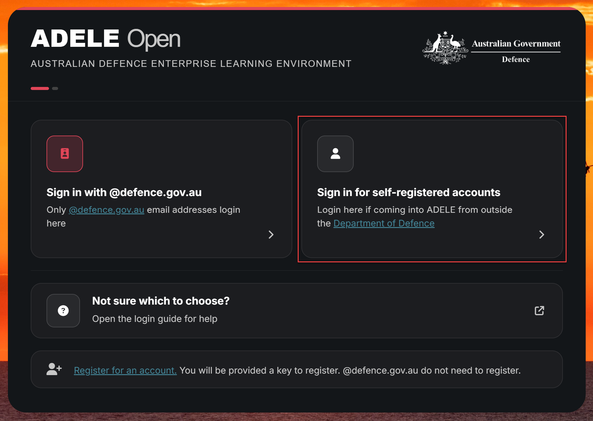 Image showing the I cannot login with a DPN Account button for non-Defence users.