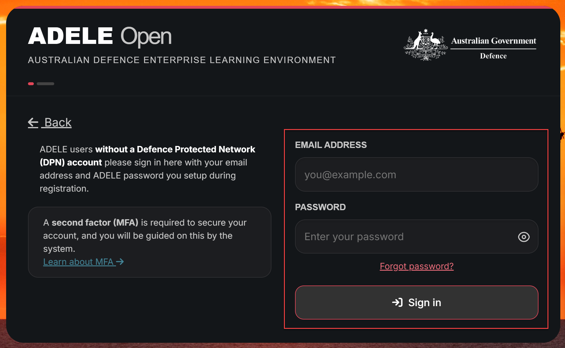 Image showing the login page for non-Defence.gov.au users.